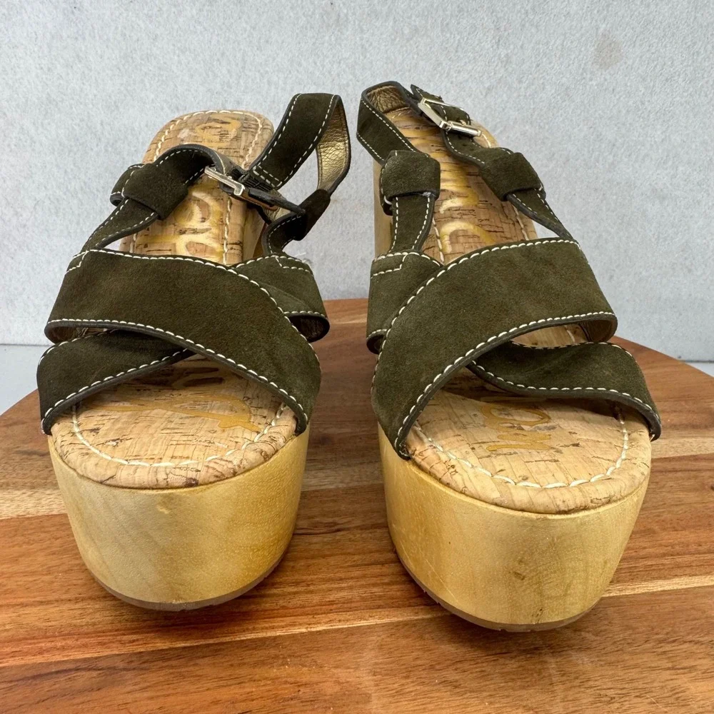 Sam Edelman Mae Olive Green Suede Cork Platform Heel Ankle Strap Block Heel 8.5M
